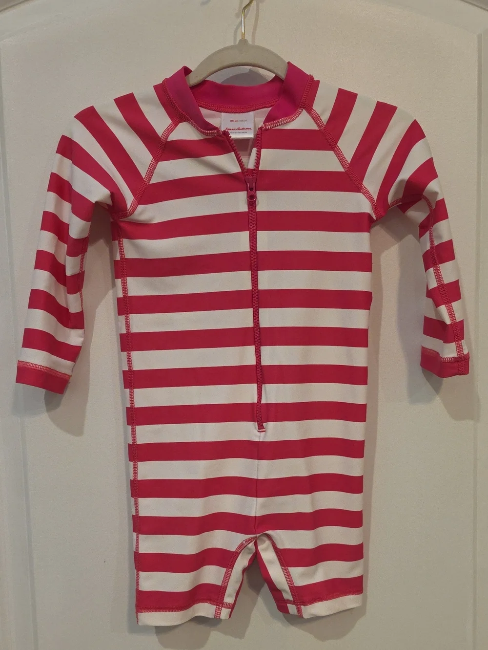 Hanna Andersson Hot Pink and White Striped Long-Sleeve Swim Romper